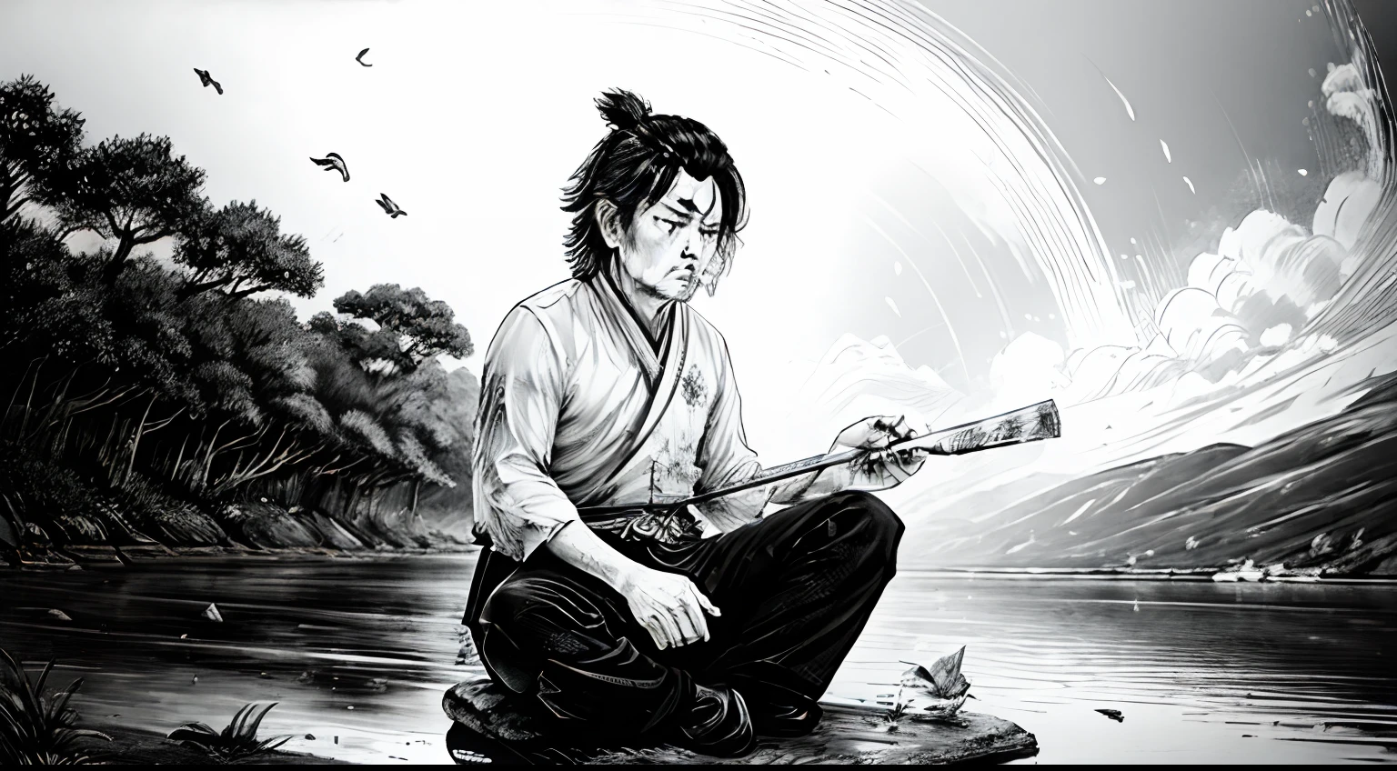 Miyamoto Musashi assis sur une palourde en plein air, noir et blanc , mangas , nature, Contraste élevé , Peinture