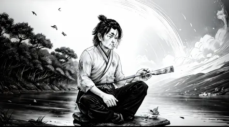 sitting Miyamoto Musashi on a clam outdoor place, black and white , manga , nature, high contrast , painting