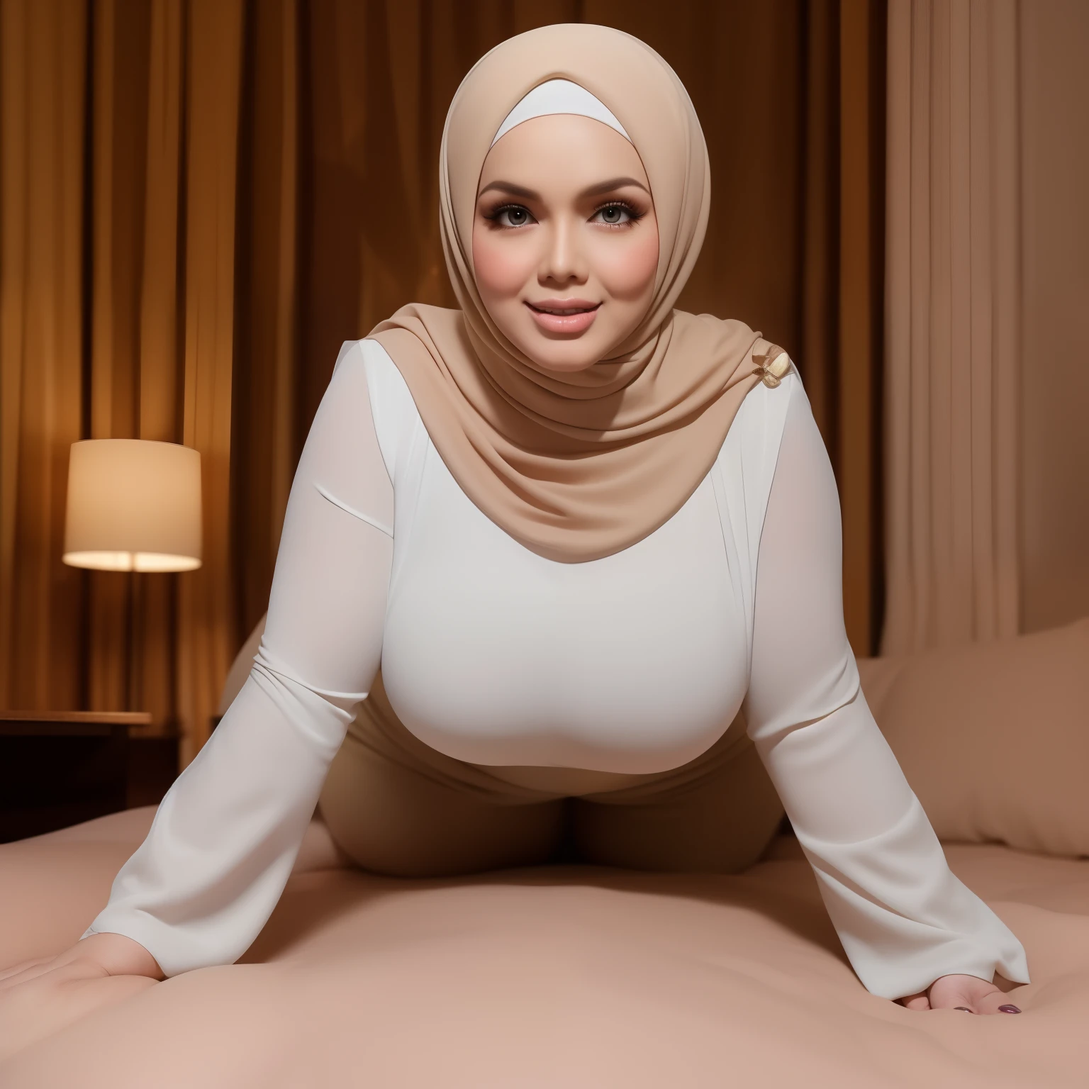 Pregnant woman in hijab posing on bed in hotel room - SeaArt AI