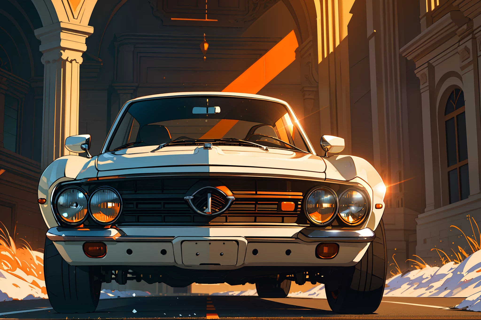 (masterpiece)+, (Best Quality)+, (Intricate Detail)+, design me the most beautiful car in the world, white paint with orange highlights, showroom concept, lens flare, camera artefact, professional photographer, 4k, HDR, longitudinal symmetry