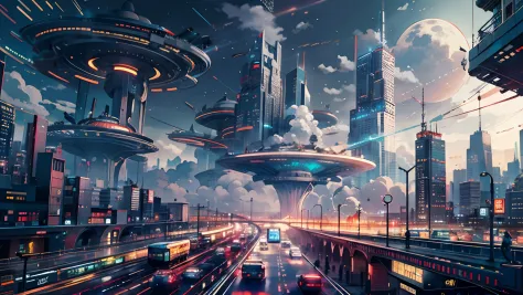 Very large spaceship、Lots of clouds,Heavy fog、starrysky、Moon,The chaotic city of the future、Movie dystopia、A group of very tall skyscrapers stands in the center、Very complex cityscape,Crowded Chinese skyscrapers、Signs、the street lights、taxis、the bus、Train、...