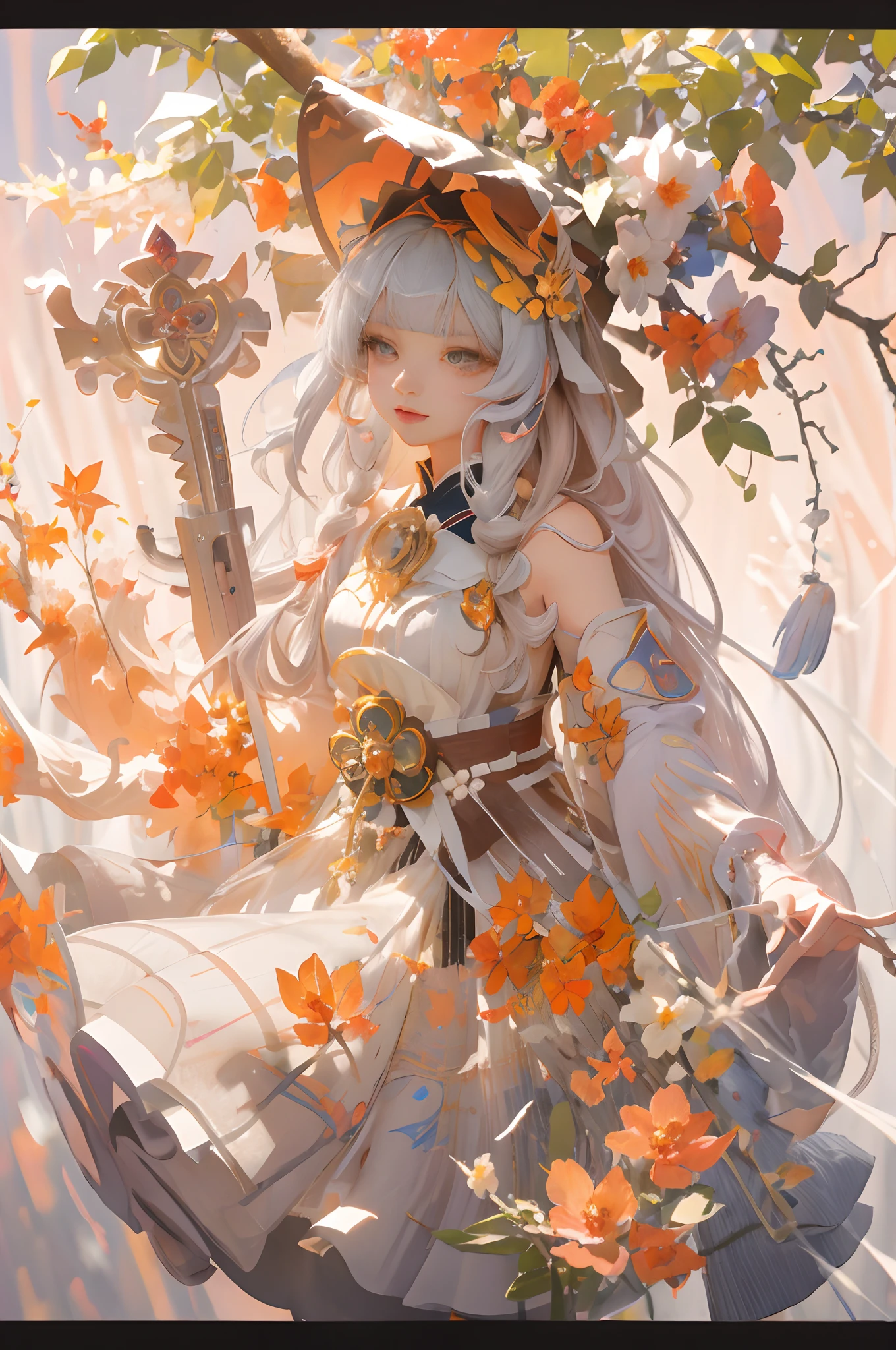 Anime girl with long hair and orange flowers on her hair, 🍁 Cute, trending on artstation pixiv, clean and meticulous anime art, Ayaka Genshin impact, Detailed digital anime art, Detailed key anime art, onmyoji portrait, detailed anime art, Detailed anime artwork, Alphonse mucha and rossdraws, Beautiful anime art, Beautiful anime artwork, a beautiful anime portrait