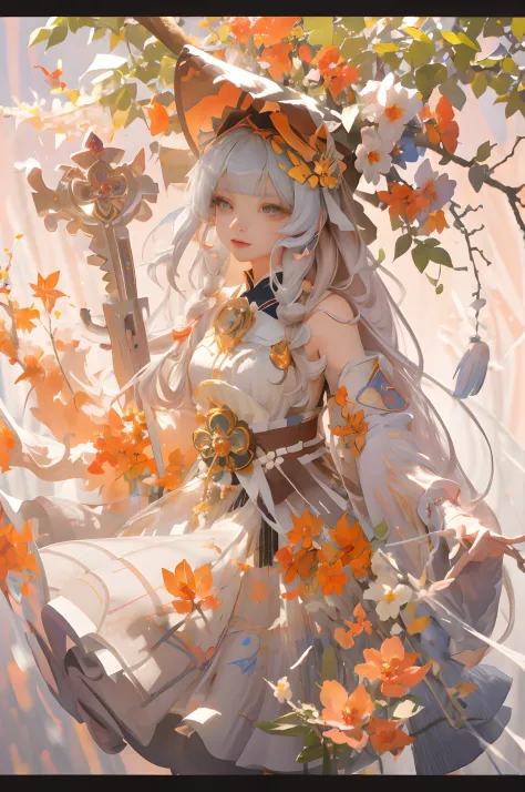 Anime girl with long hair and orange flowers on her hair, 🍁 Cute, trending on artstation pixiv, clean and meticulous anime art, ...