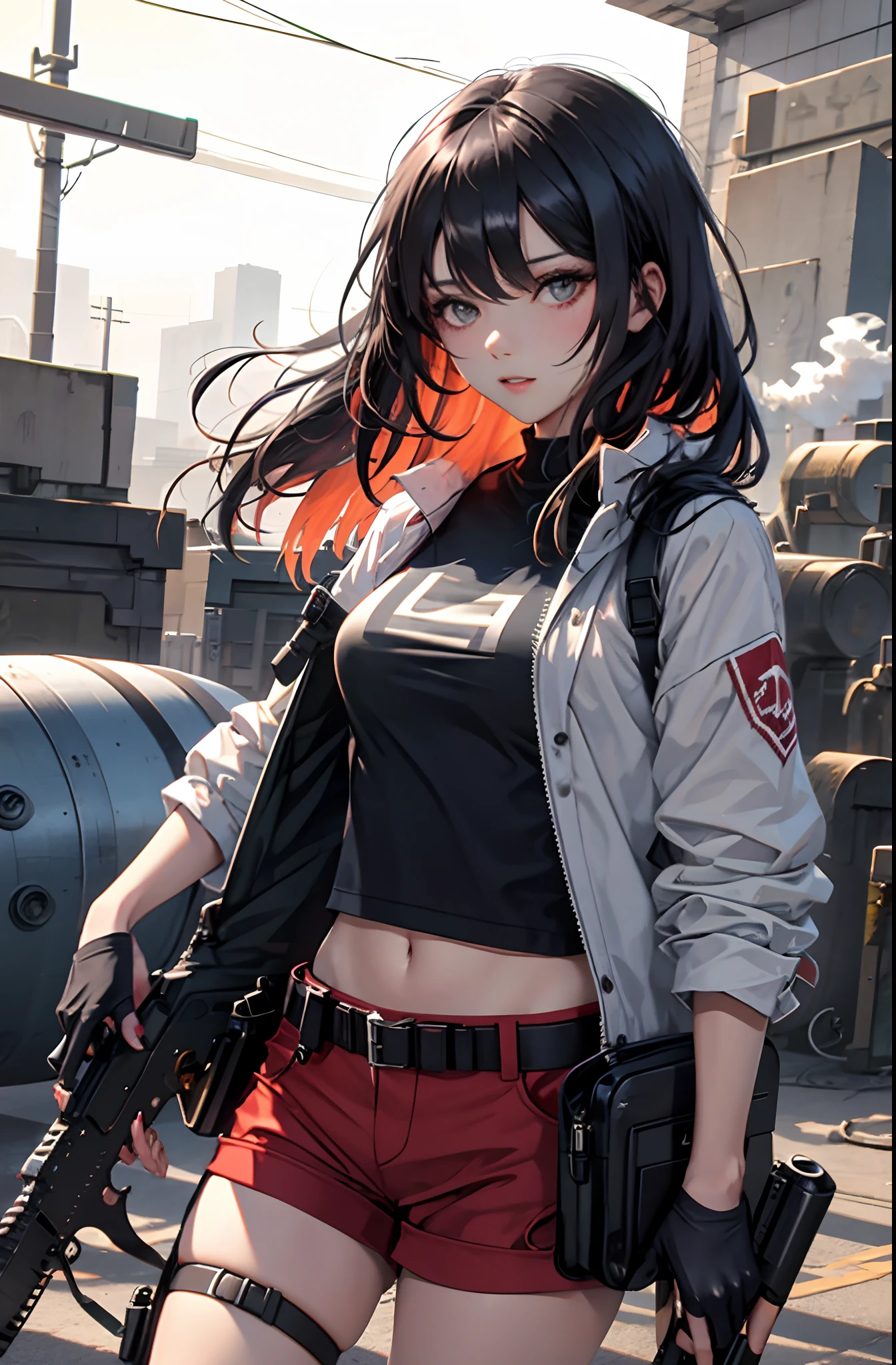 검은 머리 소녀, 빨간 반바지, 흰색 티셔츠,  두 개의 총을 들고, 총구에서 가벼운 연기가 나옵니다