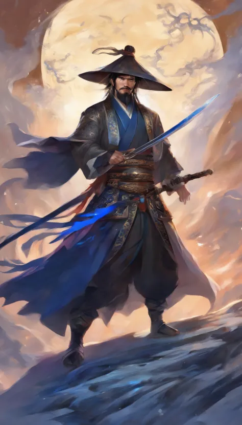 middle aged man, Evil painting style, A high resolution, Black color hair, Half is the body of a demon，Half a demon face, Chinese Warrior, Delicate three-dimensional blue flame demon face, sbeard, Wearing a hat, Expression of anger, Perfect body proportion...