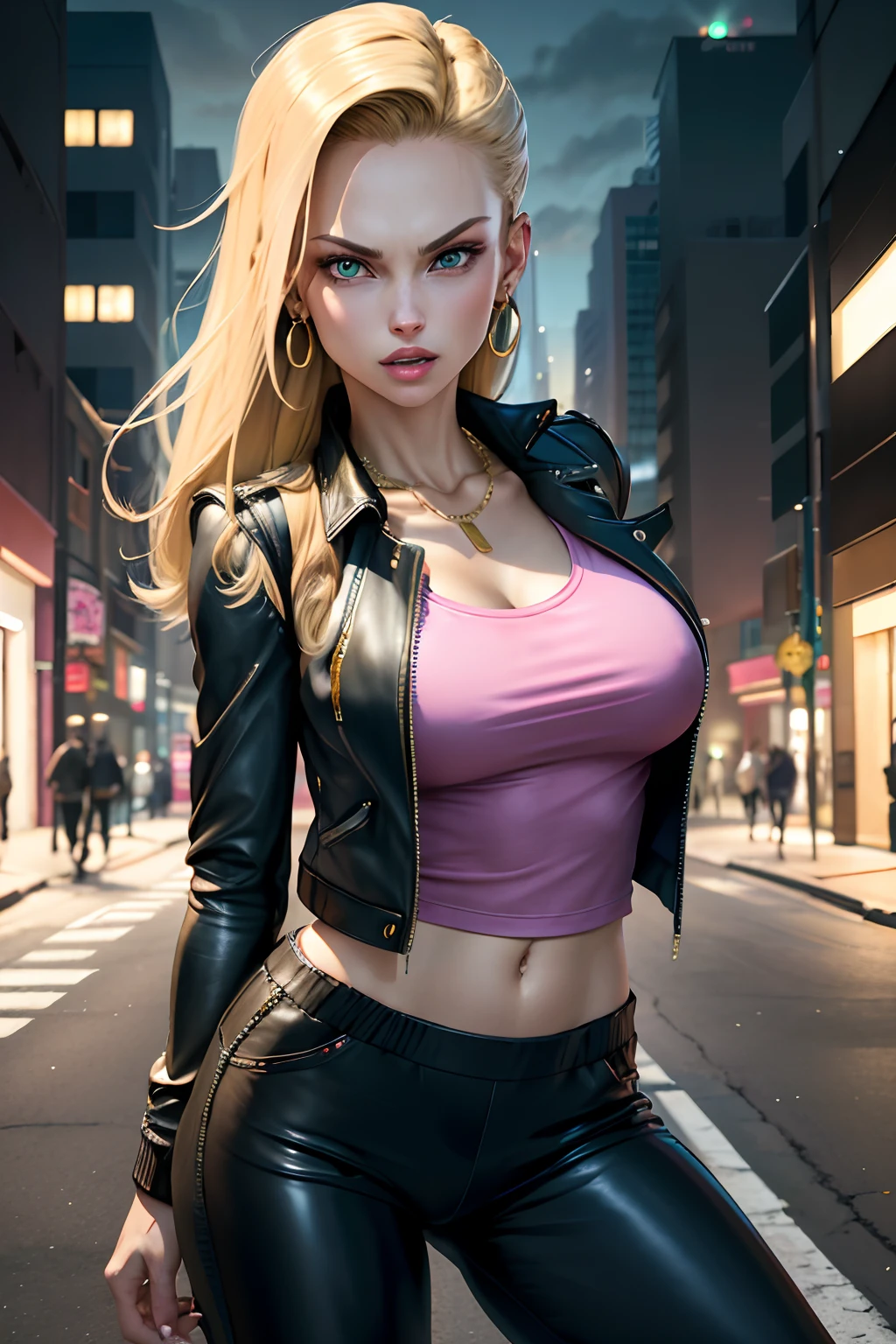 best quality, highres, and18, 1girl, android 18, solo, brunette hair, green eyes, long hair, earrings, mouth open, gold teeth, diamond necklace jewelry, leather jacket, open vest, black leather jogging pants, small pink shirt, large breasts, pink nipples, office shot, street, (Externally expanded chest: 1.2)