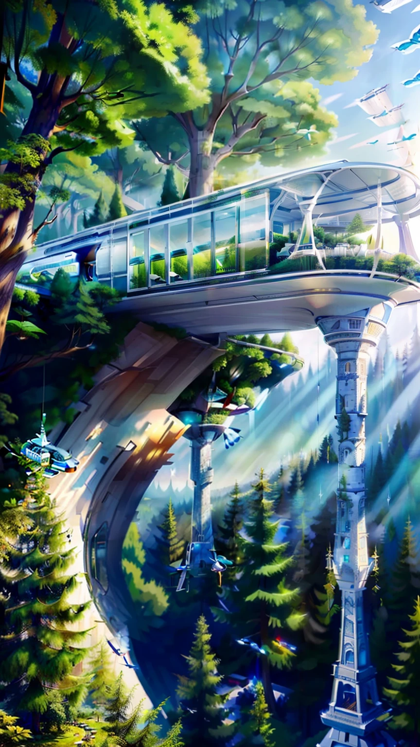 tmasterpiece，best qualtiy，highest  quality，ultra - detailed，Best resolution，8K，CG，illustration，realisticlying，Aerial perspective，Suspended surreal technology building，Underneath is a forest of greenery，Various vehicles that can be suspended，Micro flying machine