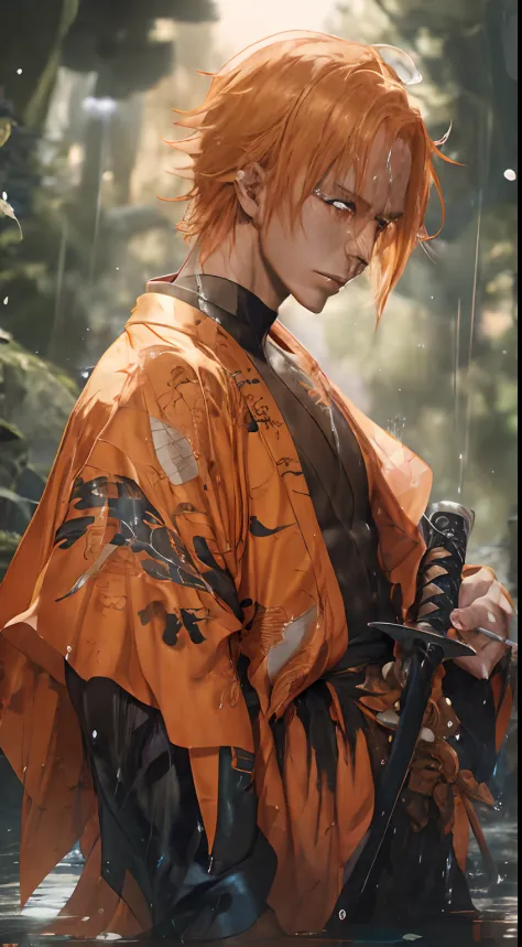 anime character in orange kimono standing in water with sword, orange - haired anime boy, handsome guy in demon slayer art, bada...