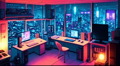 lofi room, at night, cyberpunk