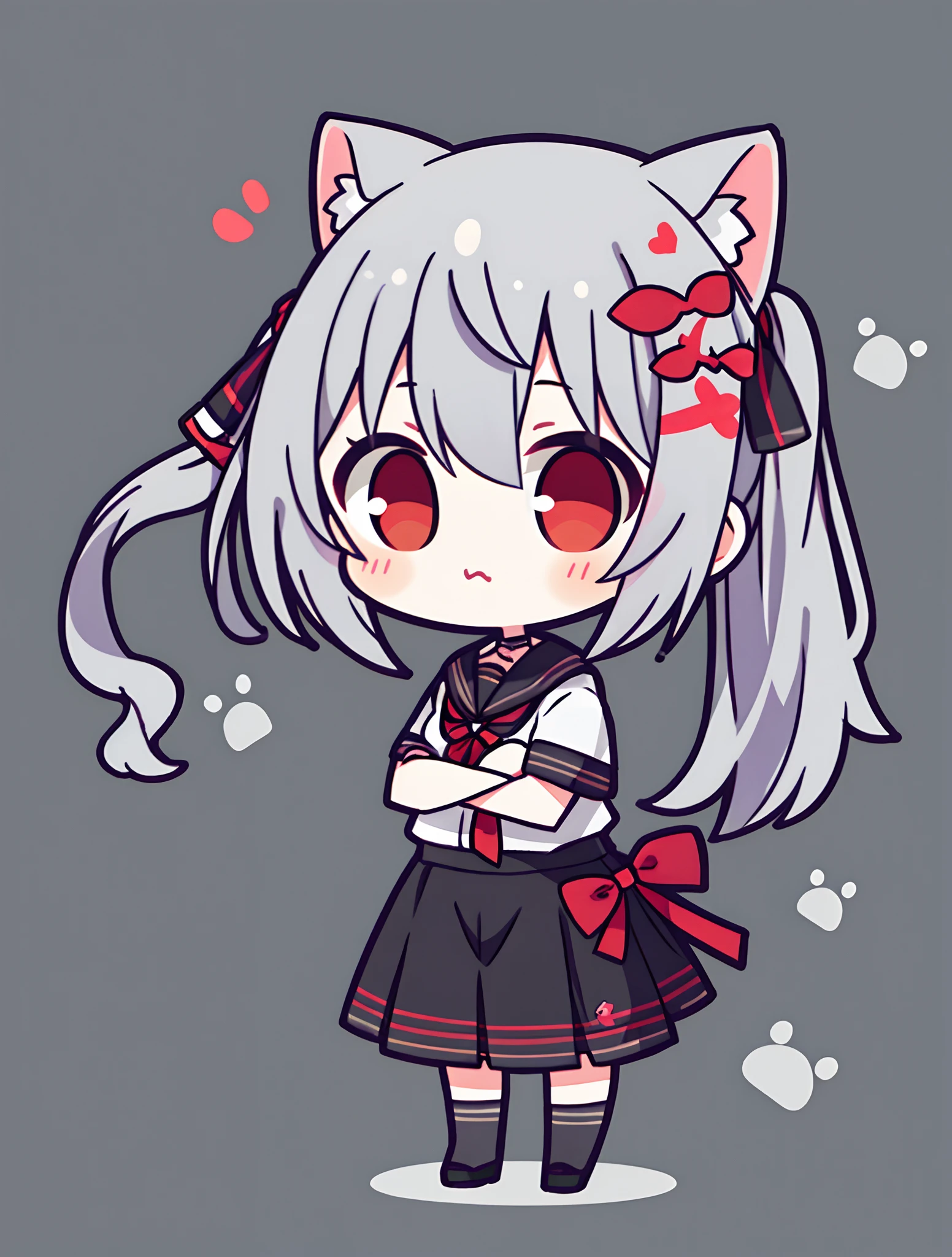 tmasterpiece, topquality,  chibi, gray hair, red eyes color, pony tail, cat ears, tsundere, All-Black  with Red Bow,  girl, short sleeves