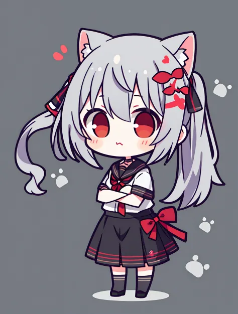 tmasterpiece, topquality,  chibi, gray hair, red eyes color, pony tail, cat ears, tsundere, All-Black School Uniform with Red Bow, Schoolgirl girl, short sleeves