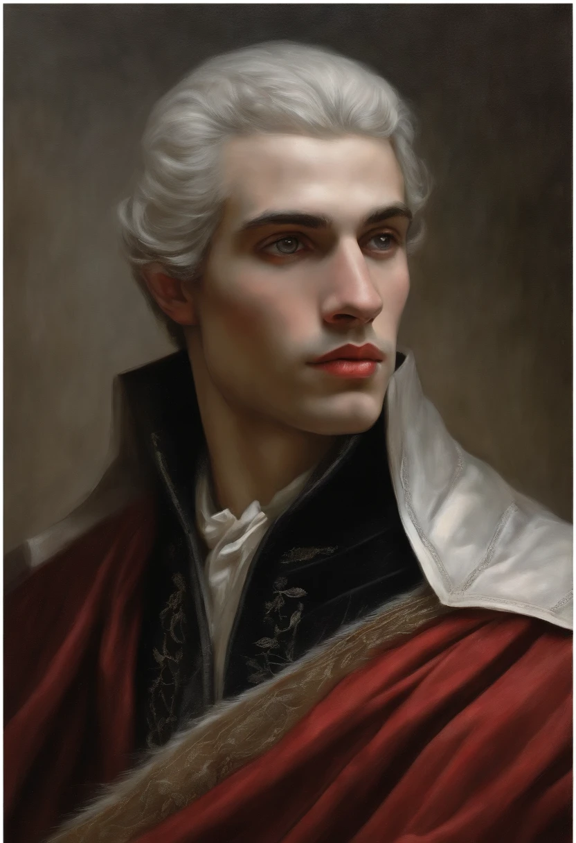 A meticulously detailed painting depicts a remarkable-looking young man. Seu cabelo branco como a neve cai em cascata sobre seus ombros, contrasting sharply with his pale skin, almost translucent. Ele veste um elegante terno de cores negras e vermelhas, que se encaixa perfeitamente em seu corpo esguio e alto. The young man's eyes are the most intriguing feature of his image. Um profundo carmesim, eles parecem brilhar em contraste com sua palidez. No entanto, The expression on his face is completely absent of emotion. Seus olhos, de uma beleza quase hipnotizante, are empty, as if hiding deep and unfathomable secrets. The young man wears no mask or disguise.. His face is naked, Revealing angular strokes, thin lips and defined chin, But there is no hint of emotion or intention in his impassive expression. While the young man remains motionless, Ao redor dele, Blood stains stain the floor and the surrounding space. These crimson marks look as fresh as if they had been left a moment ago, creating a stark contrast to his own pallor. Ao fundo, uma enorme e sinistra "lua de sangue" domina o horizonte. Its hue is intensely red, casting a dark, brilho enervante sobre toda a cena. This blood moon seems to be in perfect consonance with the mysterious and unsettling aura that surrounds the white-haired young man.