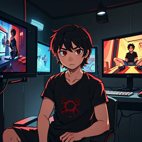Best quality: 1.0), (Super High Resolution: 1.0), Anime boy, short black hair, red eyes, sitting in front of the computer playin...