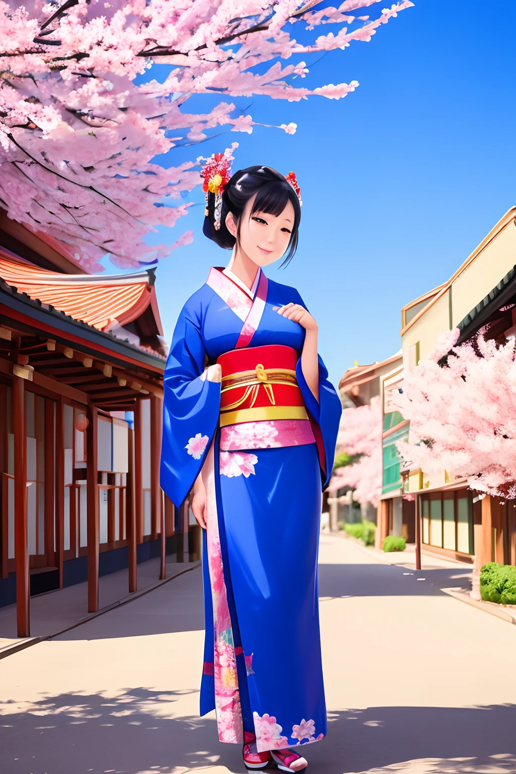 beautiful japanese woman,standing on a corner,winslow arizona,portrait,vibrant colors,traditional kimono,vibrant blue sky,sunny day,lovely smile, tourist, detailed facial features,peaceful atmosphere,geisha fan,traditional hairstyle,polished appearance,japanese makeup,cultural fusion,serene expression,captivating beauty,graceful posture,beaming eyes