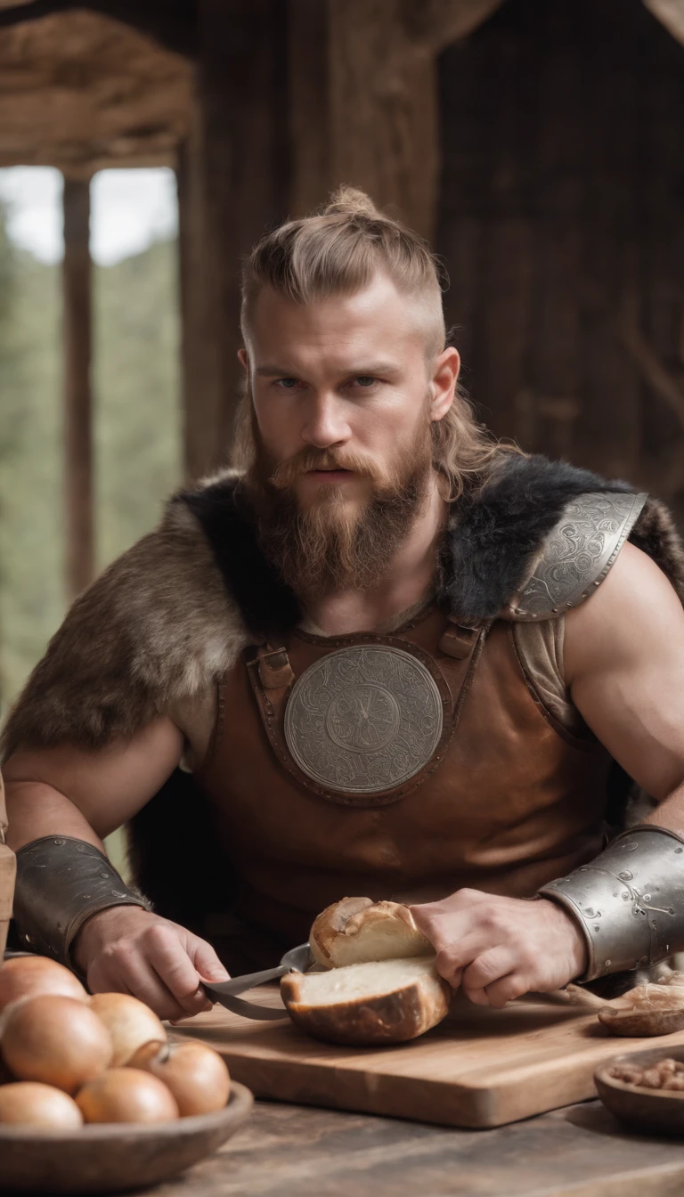 a viking man with armor and helmet, sitting at the table, eating, with food on a cutting board,  viking style,  norwegian man,  technoviking male with no shirt,  viking culture,  norse warrior,  germanic,  portrait of a viking,  viking warrior,  with axe,  norse god,  viking beard,  viking berserker,  wearing viking clothes,  viking king,  picture of an adult male warrior,