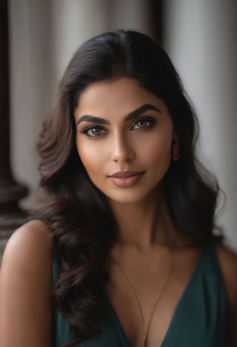 Generate a high-resolution, realistic image of a beautiful Indian female AI influencer in her mid-20s. She should be facing the camera directly, and her face should be the central focus of the image. Her hair should be long, straight, and jet-black, cascading down to her mid-back. She should have a fair, flawless, and radiant white skin tone. Her eyes should be large, almond-shaped, and expressive, with dark brown irises that glisten with warmth and charm. She should have perfectly arched eyebrows that frame her face elegantly, a button-shaped nose, and full, soft lips with a natural pinkish hue. Her face should be well-lit, allowing for clear visibility of all her facial features. The overall image should convey a sense of confidence, approachability, and beauty while staying true to her Indian heritage