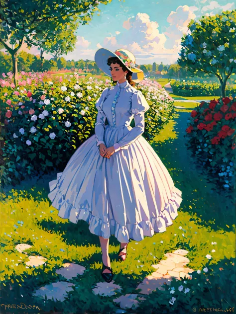 Painting of a woman in a blue dress and hat in the garden, prima ballerina in rose garden, in style of steve henderson, in a garden, greg hildebrandt, Tim Hildebrandt's style, Steve Henderson, tim hildebrandt, hildebrandt, Tim and Greg Hildebrandt, otto sc...