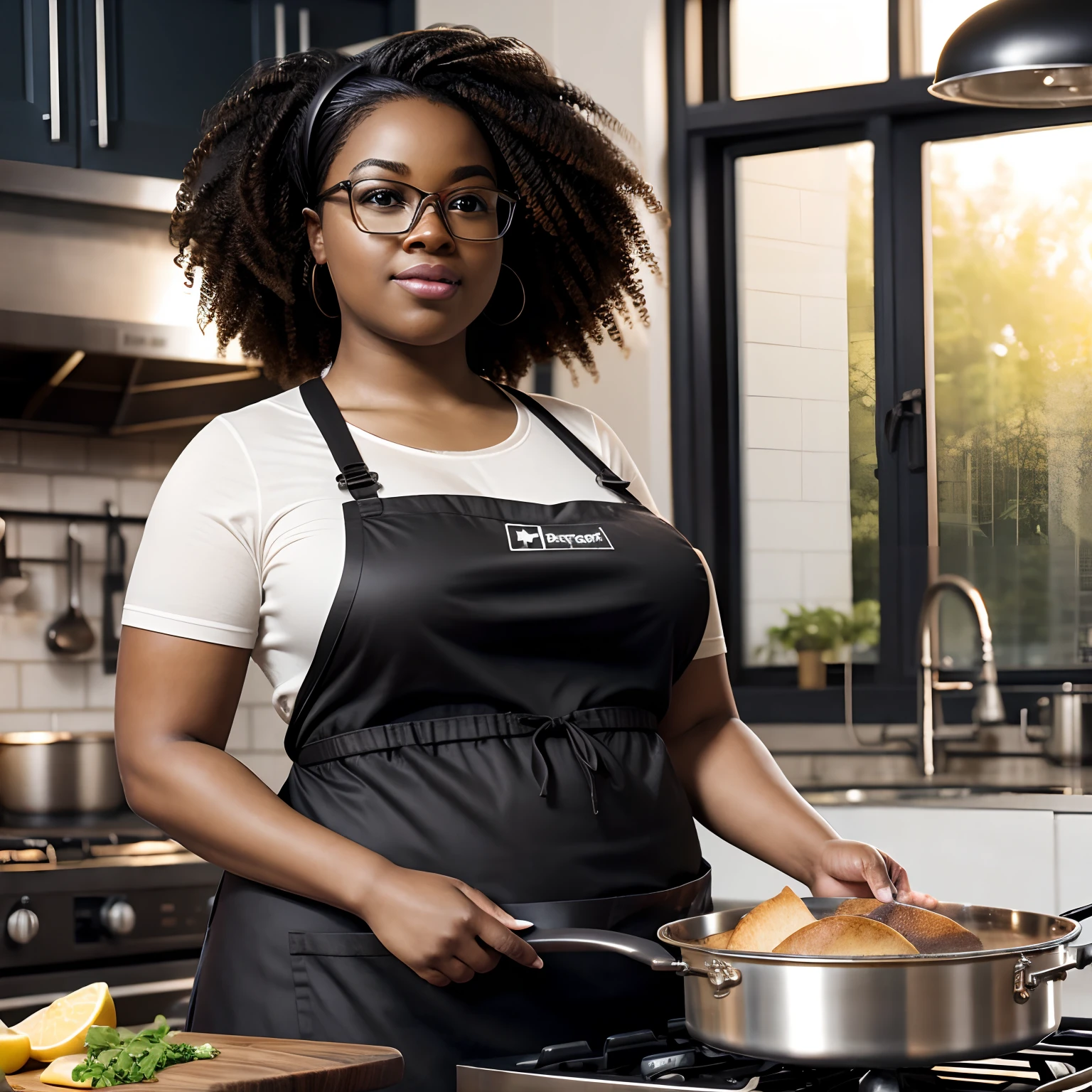 Woman in black apron cooking food in kitchen with large window - SeaArt AI