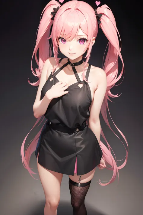 full body Esbian, masutepiece: 1.2, Highest Quality), (Live-action, elaborate details), (1 Lady, Solo, Upper body,) Clothing: Edgy, Black long jumper, pink miniskirt, long hair with pink twin tails,,,,,,,,,,,,、Avant-garde, Experimental appearance: Long pin...