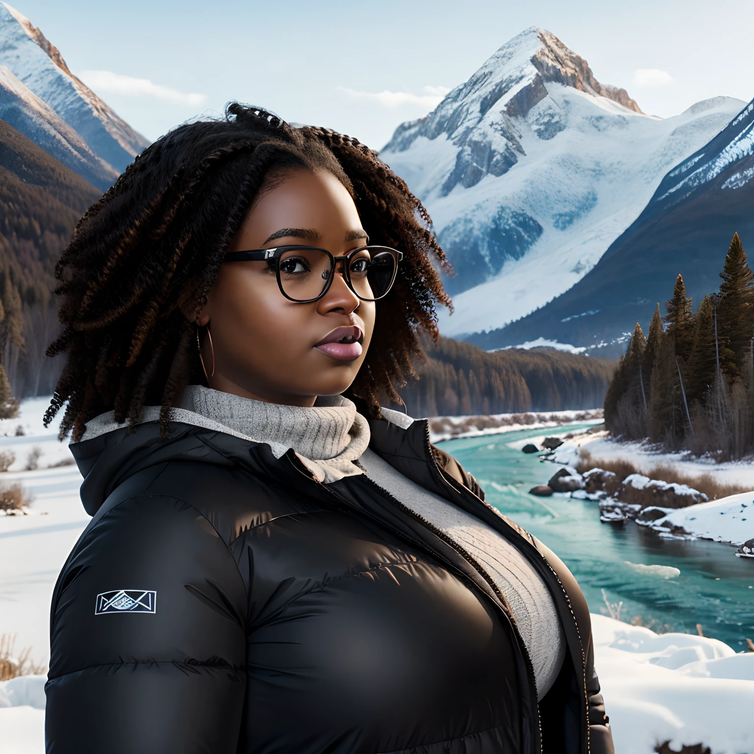 Hyper realistic, very fat black girl, dynamic lighting, very detailed, hydrated black skin, medium hair, curly hair, nerdy glasses, big boobs. Winter clothes, cold, snow, mountainous, river to the horizon, frozen vegetation, heavy coat