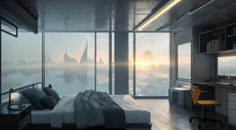 Gorgeous sci-fi matte painting for John Harris' bedroom, Sparta and Greg Rutkowski. sharp edges, Camera Straight, yellow, Small kitchen, A small room, computer, dark gray, white-gray.. Sci-fi bedroom , Outside the windows of the cyberpunk cityscape, huge p...