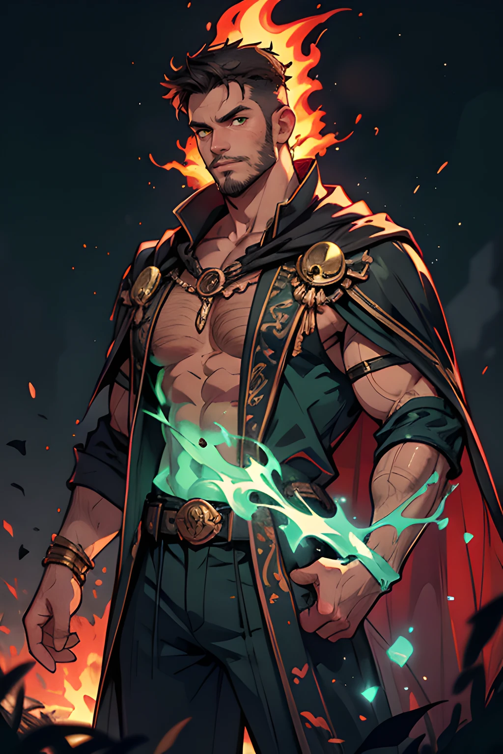 Best quality, masterpiece, ultra high res,detailed background,realistic,hadesstyle,solo,male,mature,bara,muscular,mature male,short hair,facial hair,wizard,necromancer,skull,green fire,horror \(theme\),dark fantasy,evil,cape,depth of field