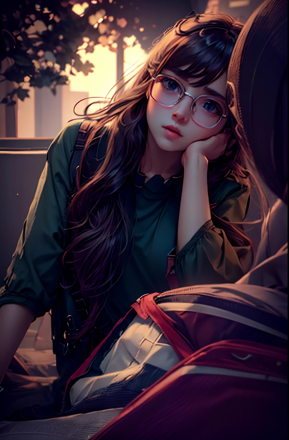 Anime girl with glasses and backpack sitting on the ground - SeaArt AI