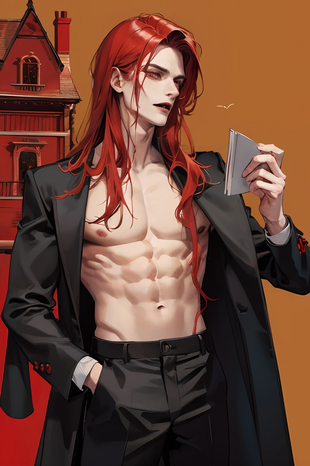 A man with red hair and a black coat holding a cell phone - SeaArt AI