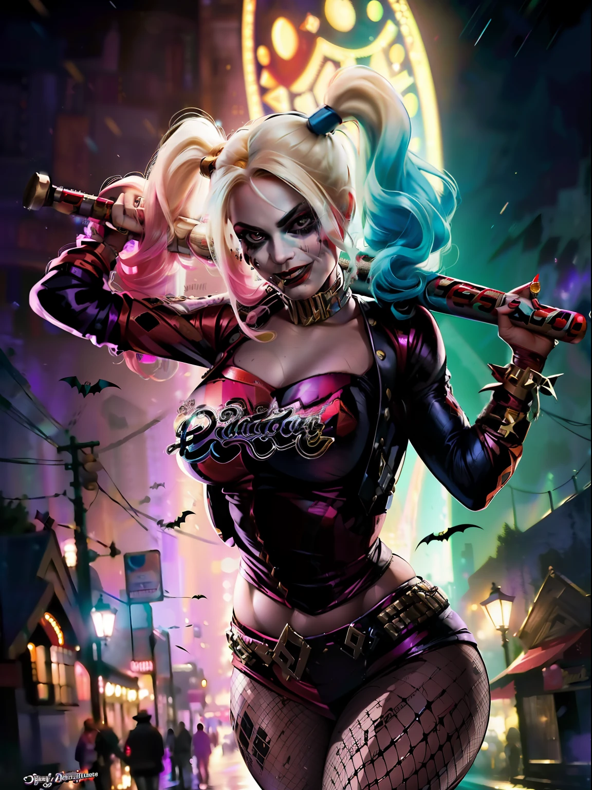 A woman dressed as harley with a bat in her hand - SeaArt AI