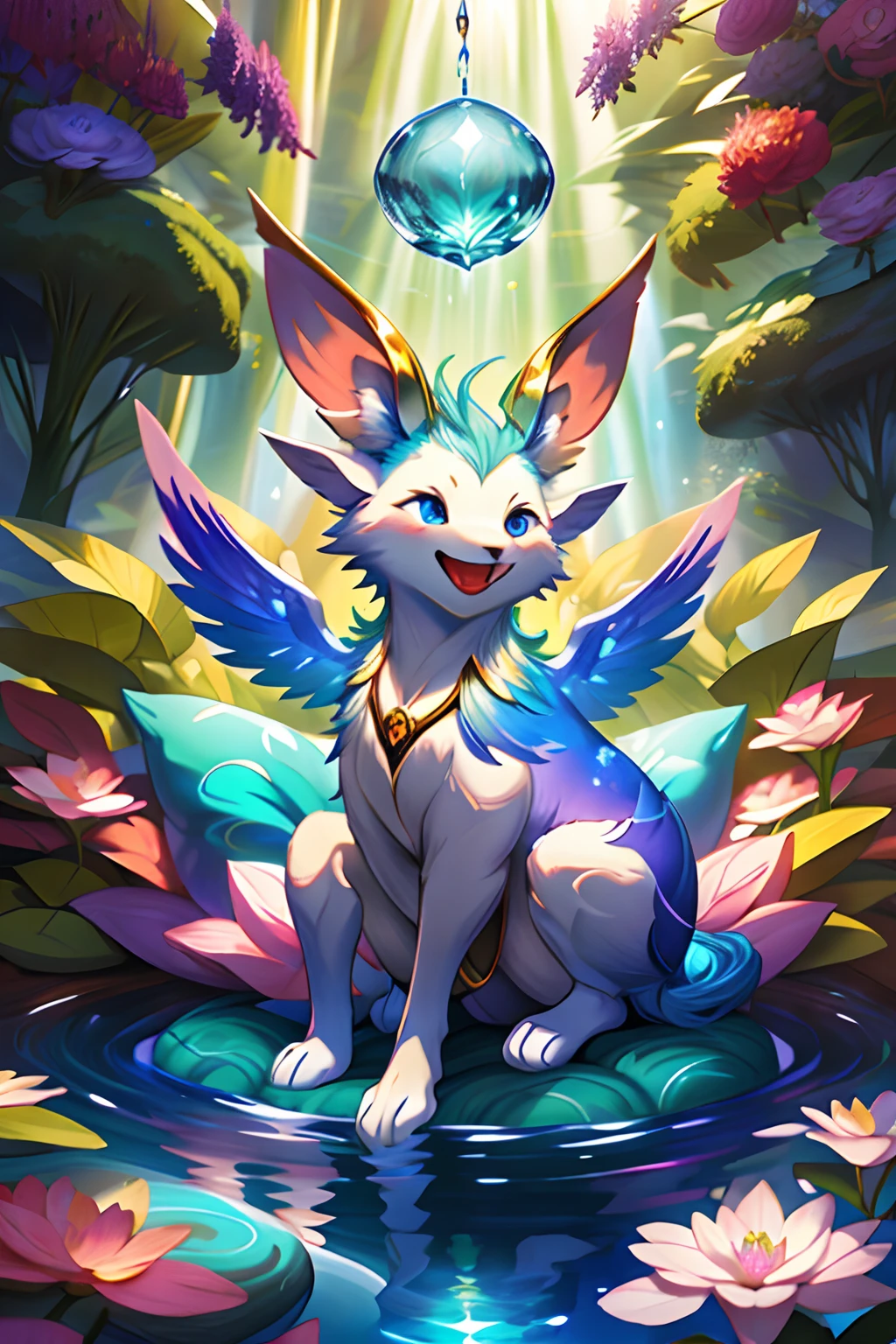 Last Update, a Cyan Blue Jacklope with golden eyes and cherry blossoms on his deer antlers, and rings of Gloden in his laughter and ears sitting on a purple velvet pillow on a chaotic extravagant, multicolored Victorian altar, a rabbit with cyan blue fur, cute with golden eyes, with deer antlers from which cherry blossoms sprout, rabbit with horns, rabbit with horns