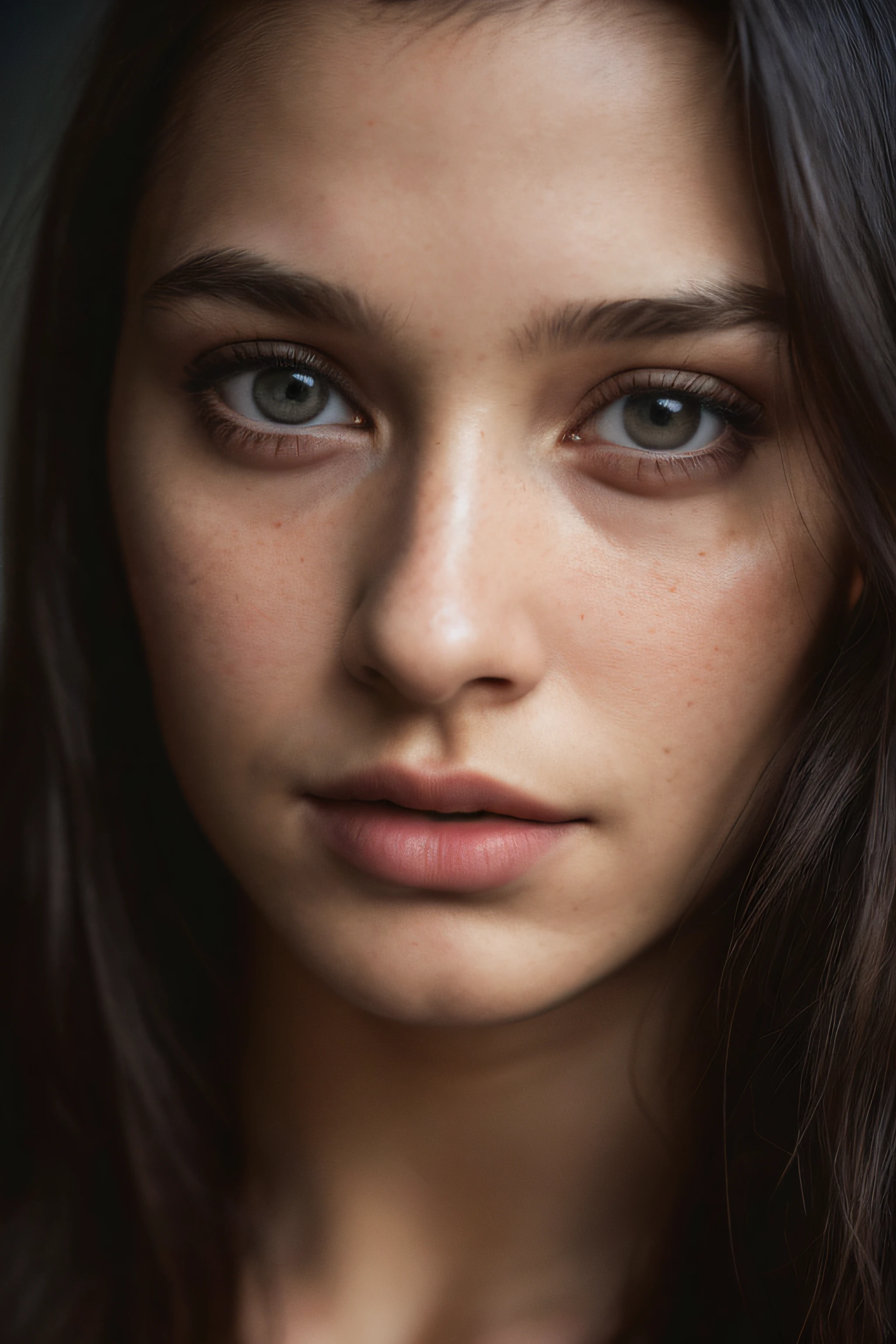 (close-up, editorial photograph of a 21 year old woman), (highly detailed face:1.4) (smile:0.7) (background inside dark, moody, private study:1.3) POV, by lee jeffries, nikon d850, film stock photograph ,4 kodak portra 400 ,camera f1.6 lens ,rich colors ,hyper realistic ,lifelike texture, dramatic lighting , cinestill 800,