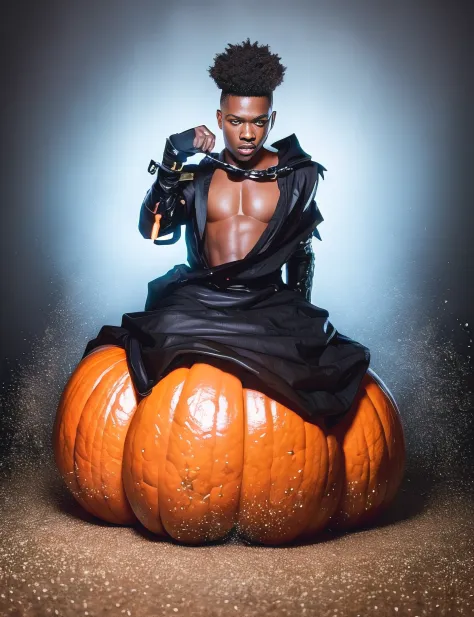 An award winning photography portrait of a halloween black male, pumpkins,  ultra defined big penis, masculine, ghosts in the background, cimitery , consumed fabric in the windfull body in motion, defined body, full body, stunning realistic, mist, raw phot...