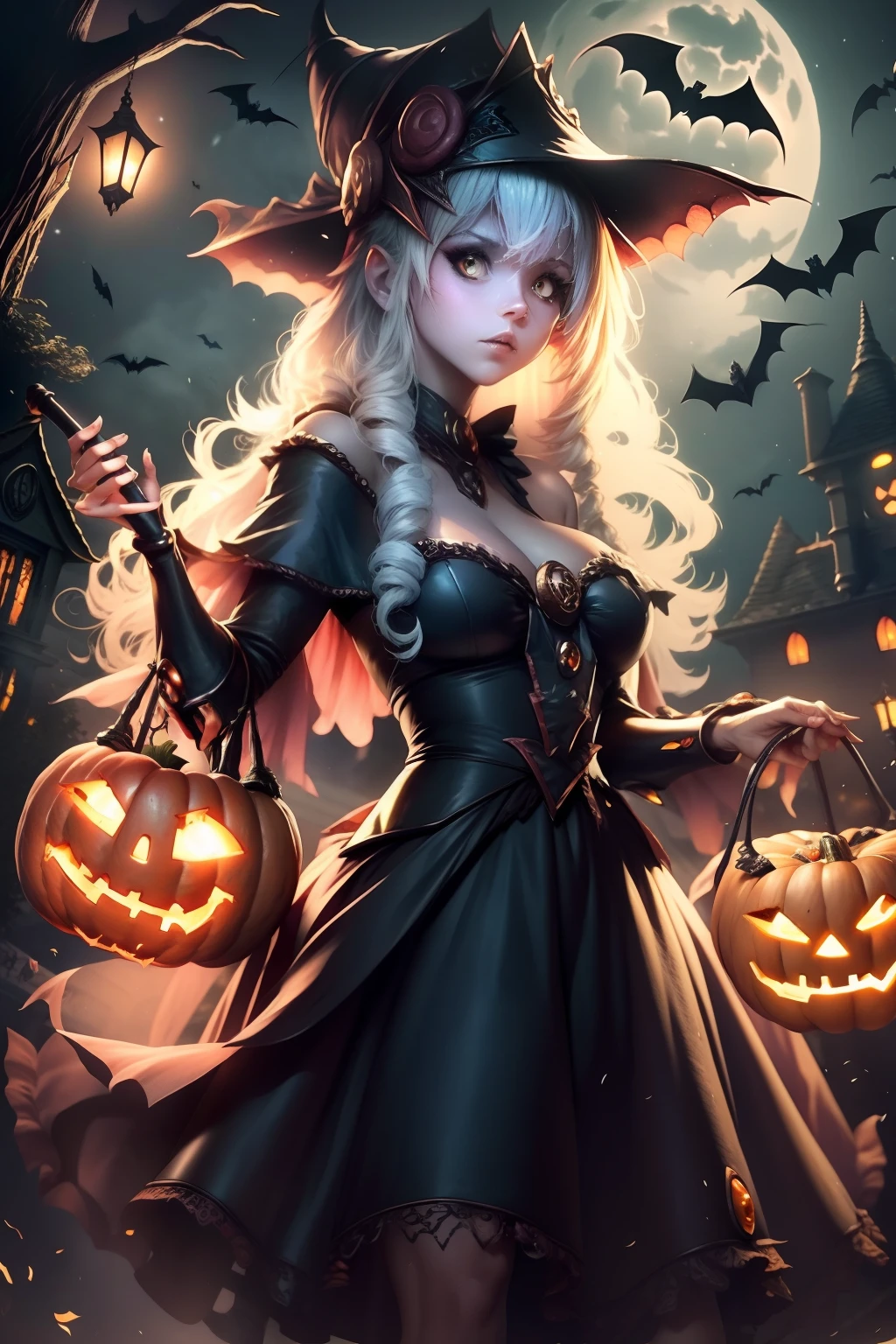 A woman in a witch costume holding a pumpkin and a broom - SeaArt AI