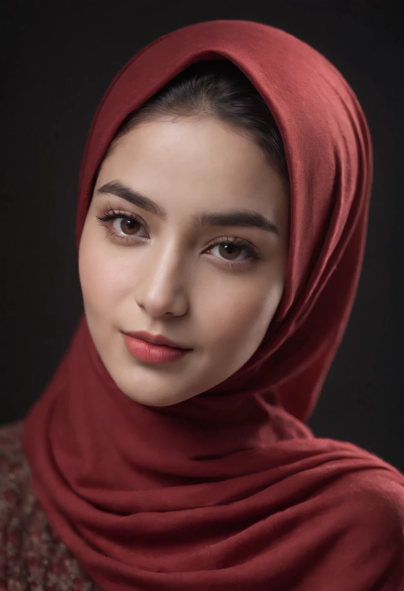 Photo portrait of a beautiful Bandung girl wearing a hijab and dimples, around 17 years old, (plain red hijab), (portrait medium shot:1.3), dramatic light, Rembrandt lighting scheme, (hyperrealism:1.2), (8K UHD: 1.2), ( photorealistic:1.2), shot with Canon EOS 5D Mark IV, facial detail, skin texture detail. sitting and standing in office, different outft, change hijab color