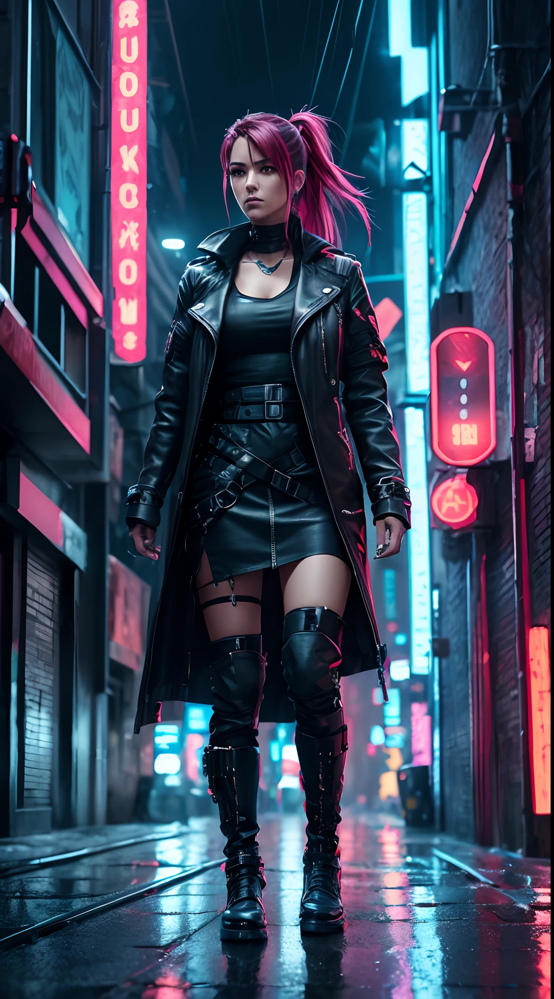 portrait,female,assassin,cyberpunk,dystopian,futuristic,sharp features,expressive eyes,red neon lighting,edgy hairstyle,mysterious aura,leather outfit,advanced technology,glowing cybernetic enhancements,powerful stance,smoke-filled background,grim expression,dangerous weapon,cityscape,street-level view,nighttime,high contrast,urban environment,technological implants,dark alleyway,neon signs,reflection in rain-soaked pavement,meticulous detailing,best quality,highres,photorealistic,concept art,vivid colors,dynamic pose,human-machine hybrid,cyberpunk fashion,enhanced senses