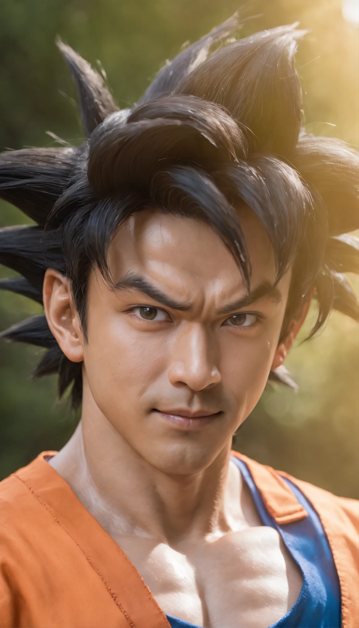 ((goku)),masterpiece, (((realistic, 8k, best quality))),realistic, asian male, smile, gi, orange gi,  dark blue short-sleeved undershirt,grin