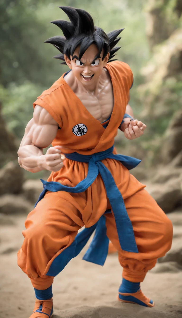 ((goku)),masterpiece, (((realistic, 8k, best quality))),realistic, asian male, smile, gi, orange gi,  dark blue short-sleeved undershirt,grin