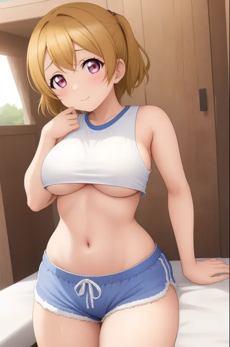 Koizumi hanayo, oversize tank top,side breasts, underboobs,sideboobs, white hot shorts,thicc stomach and hips),big breasts,in gym, standing