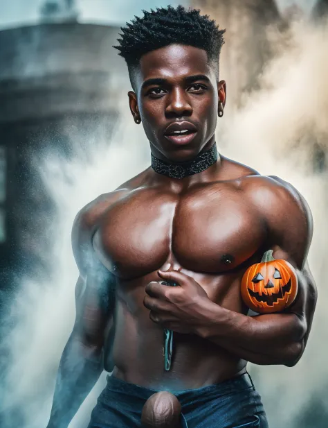 An award winning photography portrait of a halloween black male, pumpkins, ultra defined big penis, masculine, ghosts in the background, cimitery , consumed fabric in the windfull body in motion, defined body, full body, stunning realistic, mist, raw photo...