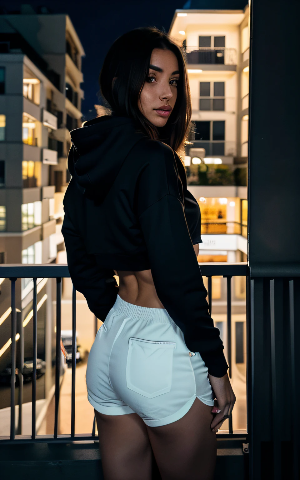 there is a woman standing on a balcony looking at a street sign, trending on r/streetwear, over the shoulder view, calm night. shot from behind, seen from behind, looking from behind, streetwear, photo taken at night, at nighttime, night outside, lit from behind, in a hoodie, outlive streetwear collection, photorealistic, aesthetic
