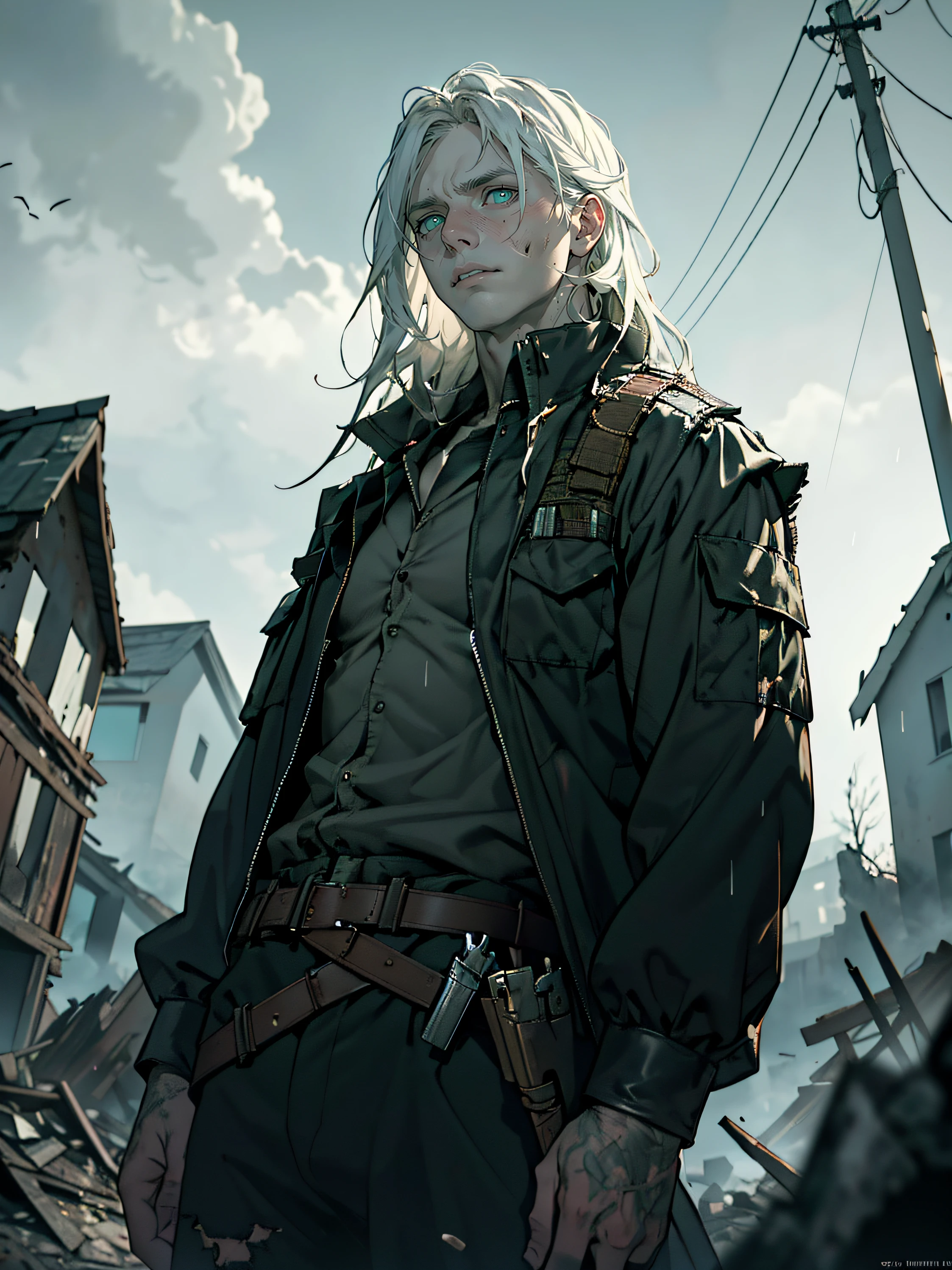 (Masterpiece), best quality, highest quality, highly detailed, original, high resolution CG Unit 8k wallpaper, (depth of field: 1.5), fidelity: 1.3, (best quality, artwork, masterpiece, 4k) A man with pale white skin, he is handsome and has an angelic beauty. His eyes are emerald green. The man's long hair is almost white blond. His face is a little dirty. The man wears a tattered black long-sleeved shirt with a long collar and a tactical vest. the man holds a combat knife. It seems a little tense, while in the background there are destroyed houses, a post-apocalyptic scenario. There is no sun, it is dark and there is rain.