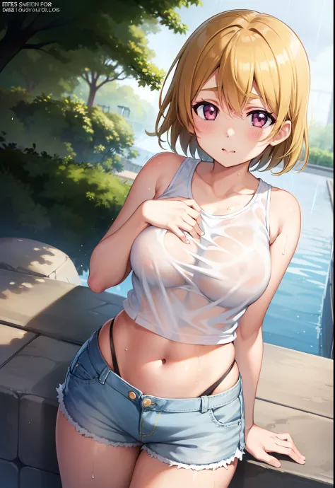 Koizumi hanayo, oversize tank top,see through tank top,side breasts,(sideboobs:1.3), white hot shorts,thicc stomach and hips),big breasts, standing, outdoors,(rain:1.2),wet, cloudy sky
