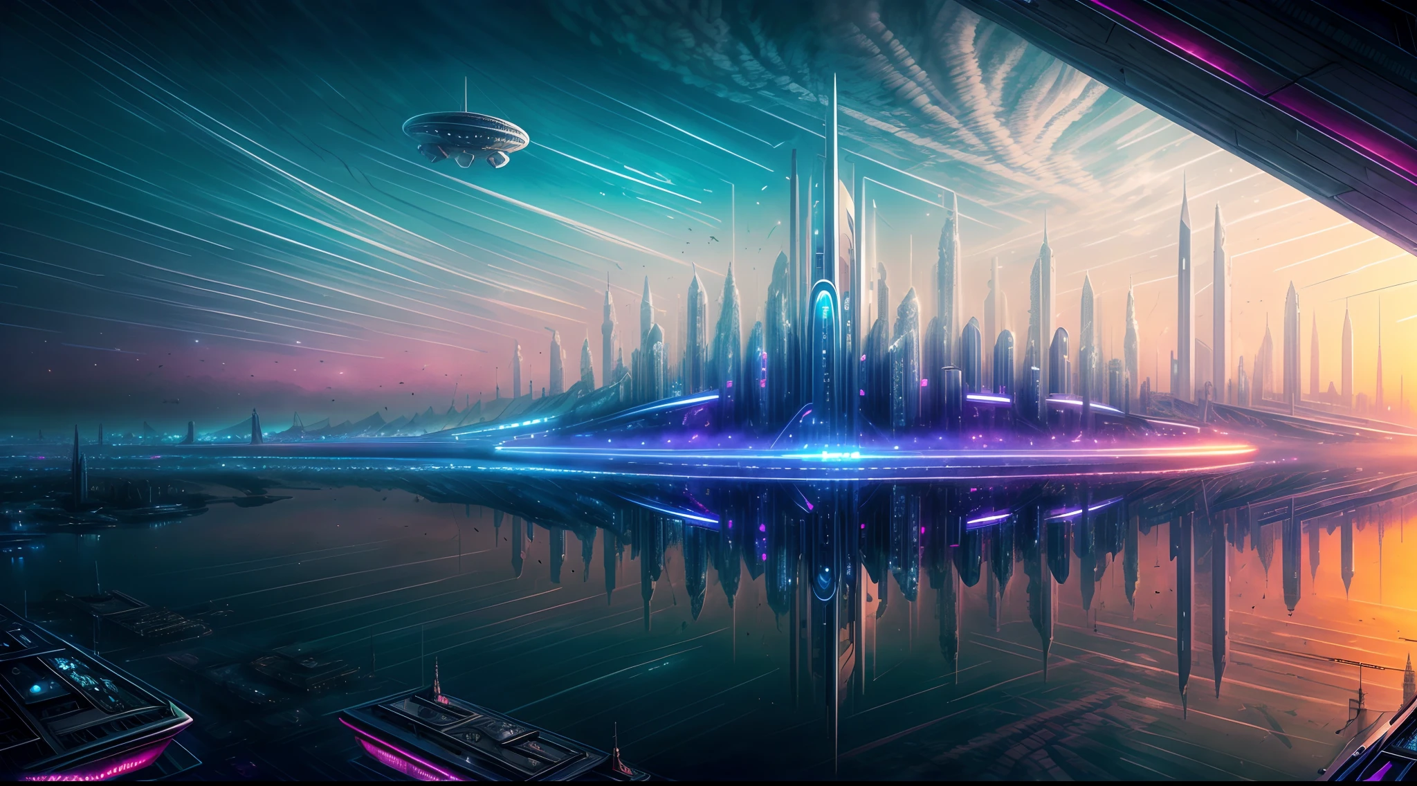 Cidade futuristica， fanciful， 24th century，tmasterpiece，alien creatures，(Sky Train，air vehicle，High-rise Bactriarchy），unusual beauty，Atmospheric illumination，Vivid colors and intricate details in every aspect of the scene，Best quality at best，high high quality，high rise，high resolution fix