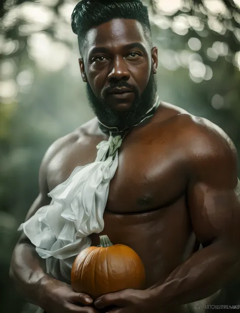 An award winning photography portrait of a halloween naked male, pumpkins, ultra defined big penis, masculine, ghosts in the background, cimitery , consumed fabric in the windfull body in motion, defined body, full body, stunning realistic, mist, raw photo...