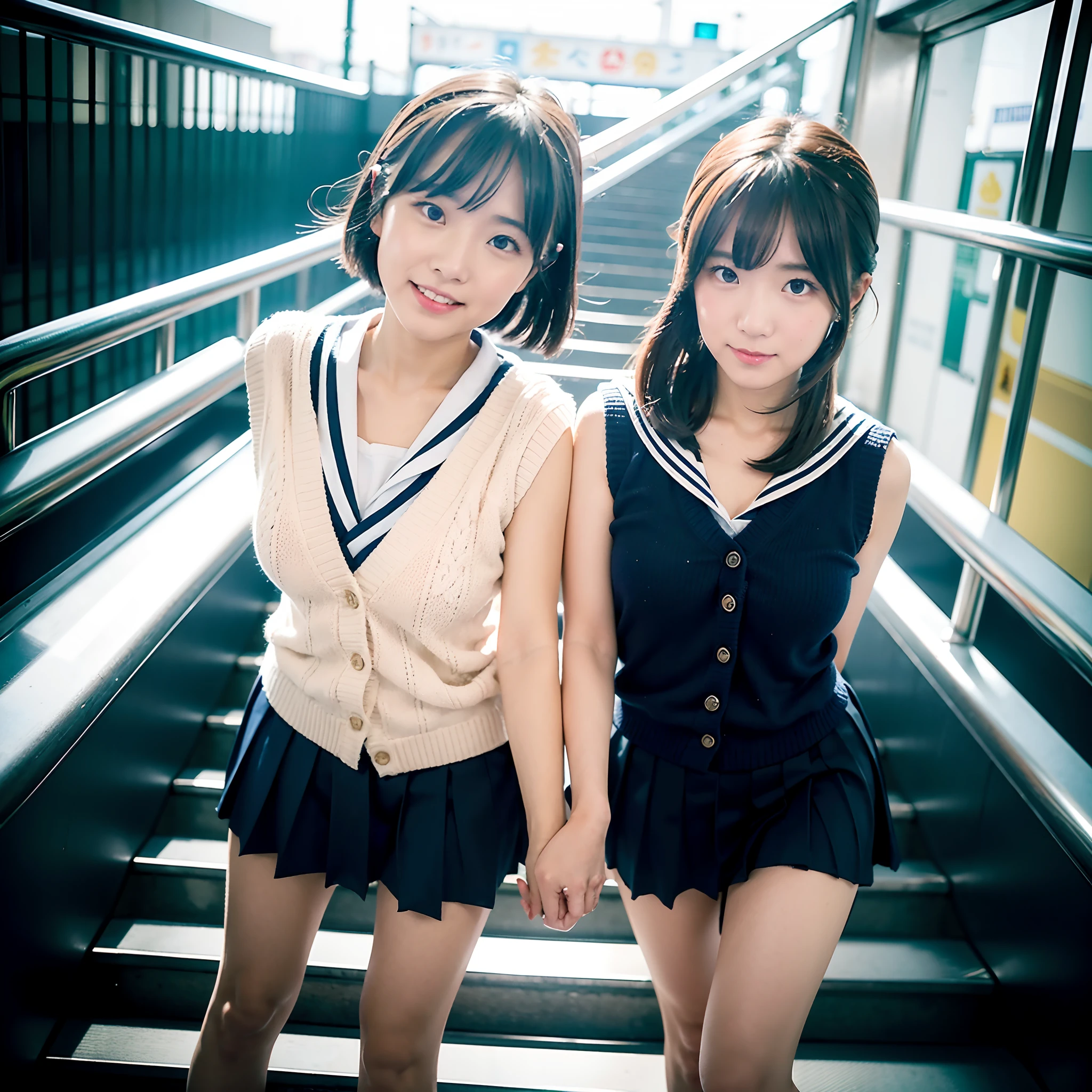 Two asian women in school uniforms standing on a set of stairs - SeaArt AI