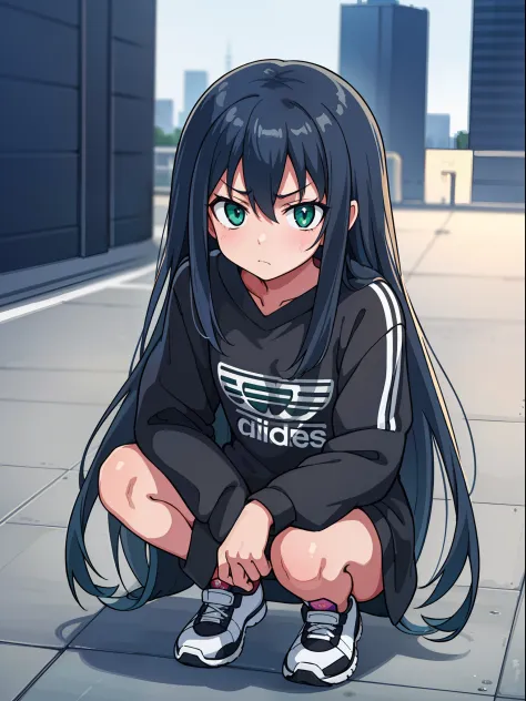 hiquality, tmasterpiece (One teenage girl,) hooligan, indifferent face, Black hair. long loose. The eyes are green., Long bangs, adidas Dark Clothing. Squatting. Against the background of the entrance of a high-rise building.