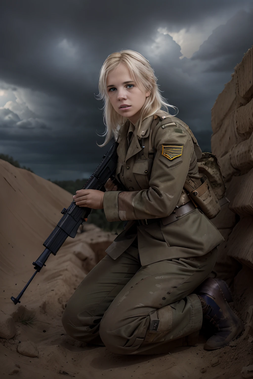 ภาพทหารหญิงผมบลอนด์ซ่อนตัวอยู่ในสนามเพลาะภายใต้การยิงอันหนักหน่วงในสงครามโลกครั้งที่ 2, ถือปืนไรเฟิล, ท้องฟ้ามีพายุในพื้นหลัง,  ภาพถ่ายจากฟิล์ม Nikon d850, สีสันที่เข้มข้น พื้นผิวที่สมจริงสมจริง แสงที่น่าทึ่ง, (สวมชุดทหารเต็มยศ : 1.3)