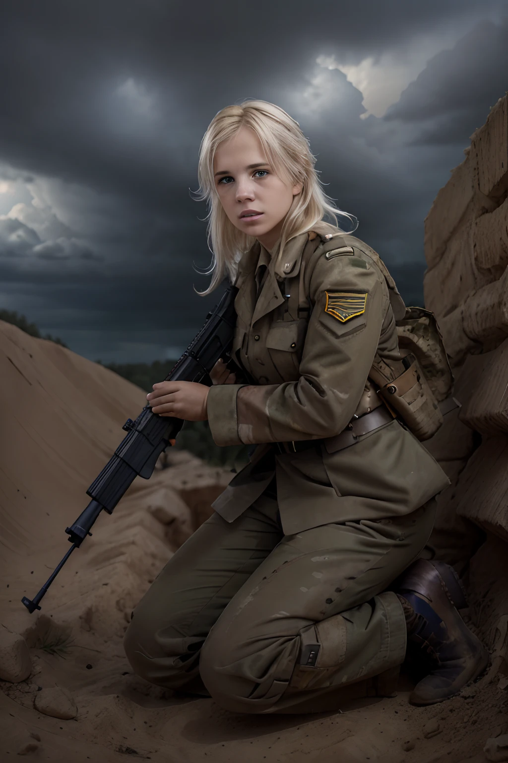 Un portrait d'une soldate blonde se cachant dans une tranchée sous un feu nourri pendant la Seconde Guerre mondiale, tenant un fusil, ciel orageux en arrière-plan,  Nikon D850 photographie de film, couleurs riches texture réaliste hyper réaliste éclairage dramatique, (porter l&#39;uniforme complet de l&#39;armée : 1.3)