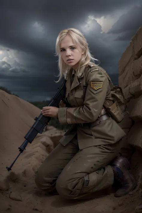A portrait of a blond female soldier hiding in a trench under heavy fire in ww2, holding a rifle, stormy sky in the background, ...