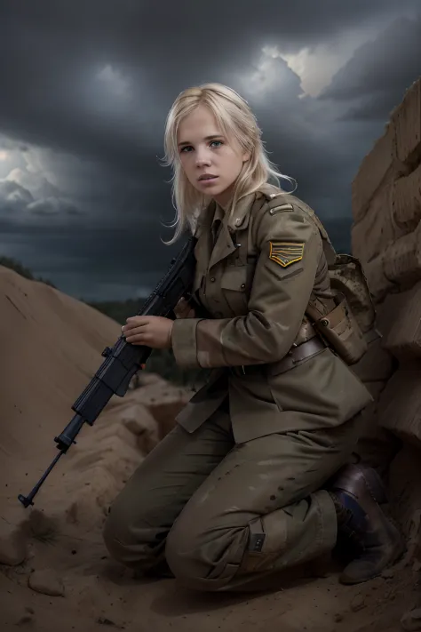 a portrait of a blond female soldier hiding in a trench under heavy fire in ww2, holding a rifle, stormy sky in the background, ...